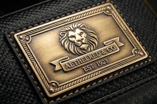 Close-up of metal patch showing embossed details and metallic finish