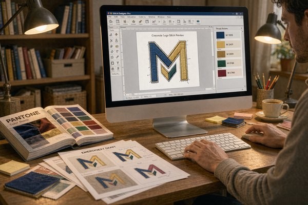 Designer digitizing a corporate logo for embroidery with brand color thread palette matching Pantone swatches