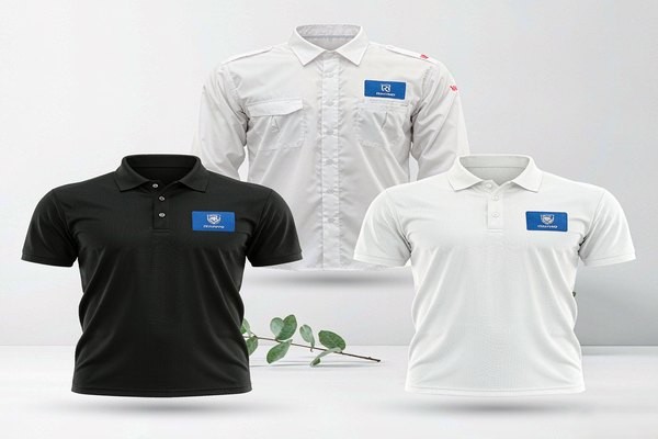 Corporate logo patches: staff uniforms with matching embroidered company logo patches on chest