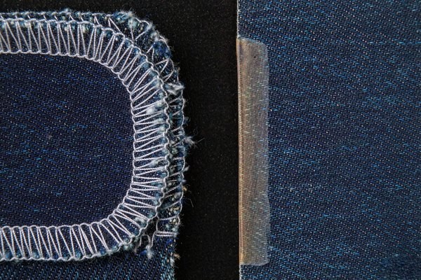 Side-by-side macro comparison of a merrowed overlock patch edge and a flat laser-cut sealed patch edge on fabric