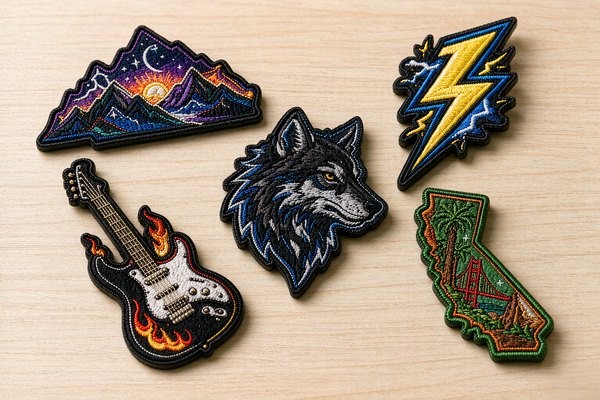 Custom shape die-cut patches in mountain, lightning bolt, wolf and state outline silhouettes