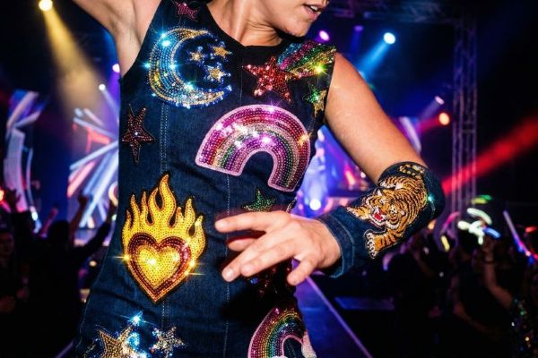 Dance performance costume featuring sequin patches catching stage lights