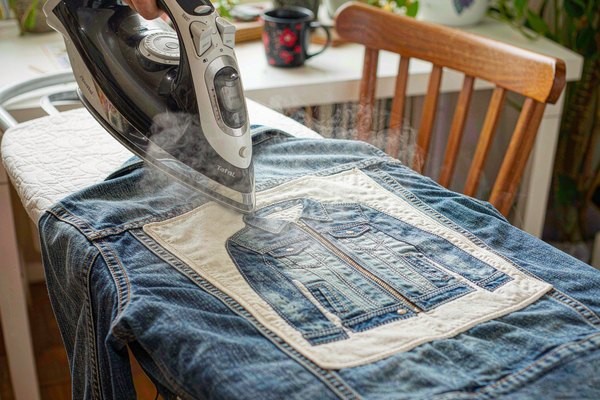 Iron-on patch being heat pressed onto the back panel of a denim jacket at home