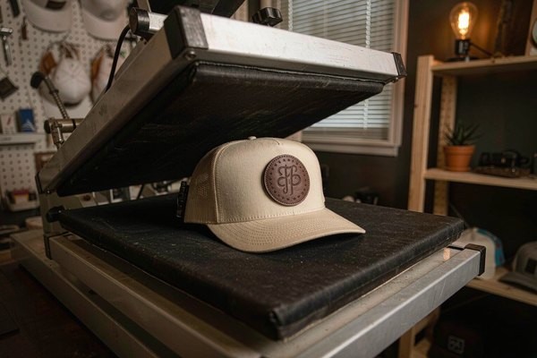 Custom leather patch with debossed logo heat-pressed onto the front panel of a trucker hat
