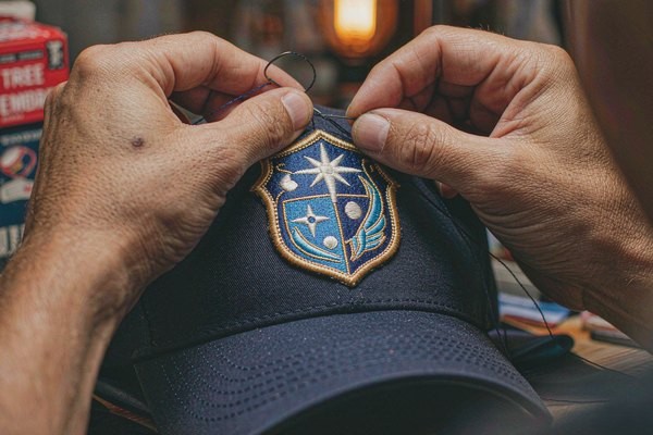 Hands sewing a custom embroidered patch onto the front panel of a navy baseball cap above the brim