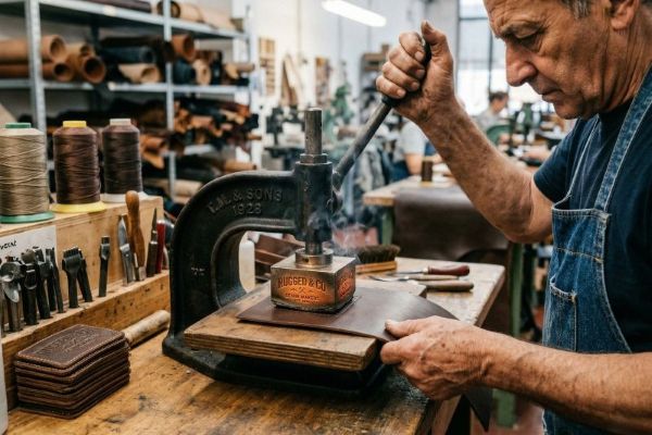 Leather patch debossing process in factory