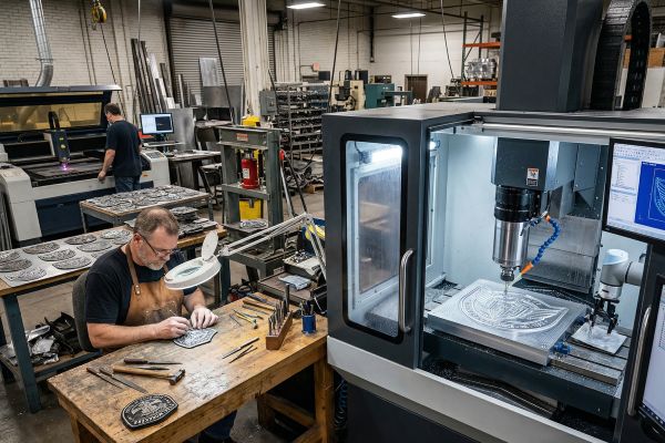 Manufacturing process showing metal patches being created