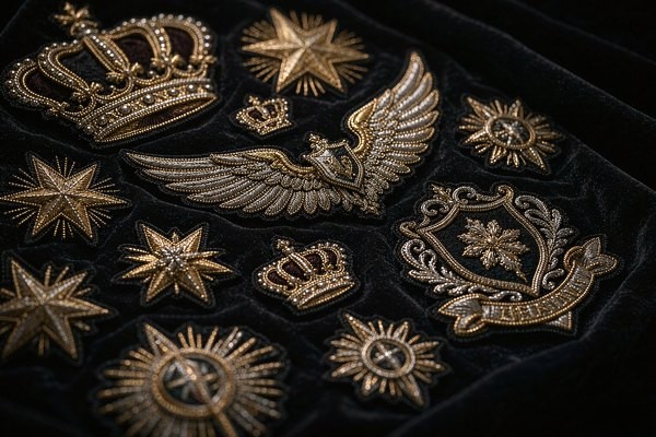 Metallic thread patches with gold and silver embroidered crown, star and wing emblems on dark velvet