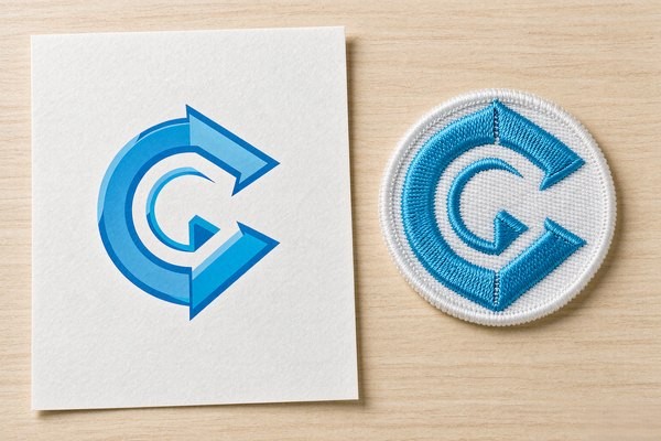 Design to embroidery transformation: smooth vector logo sheet next to the finished embroidered patch of the same logo