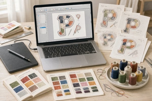 Patch design software workspace: laptop with vector design app, sketches, color swatches and embroidery thread spools for custom patch design