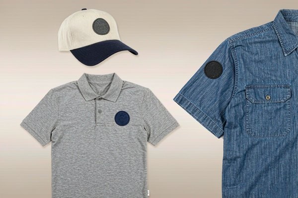 Standard custom patch placement positions on a baseball cap front, polo shirt chest, and work shirt sleeve