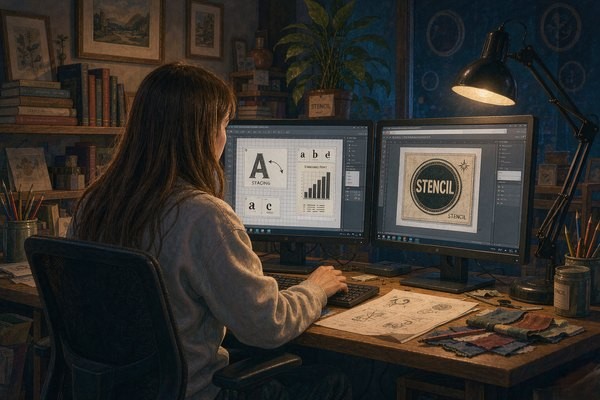 Designer reviewing patch typography artwork on screen with font specimens and letter spacing guides for embroidered lettering