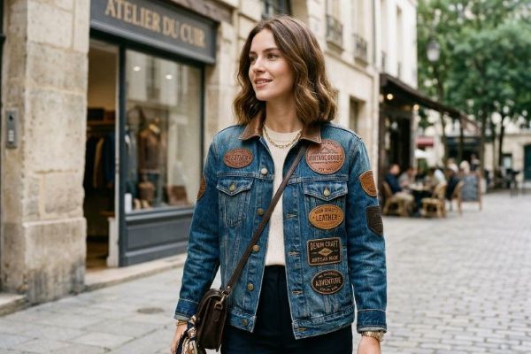 Premium leather patches on denim jacket showing luxury fashion branding