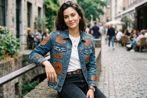 Premium leather patch on denim jacket