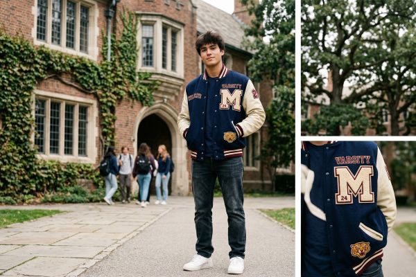 Varsity jacket with chenille letter patches showing classic collegiate style
